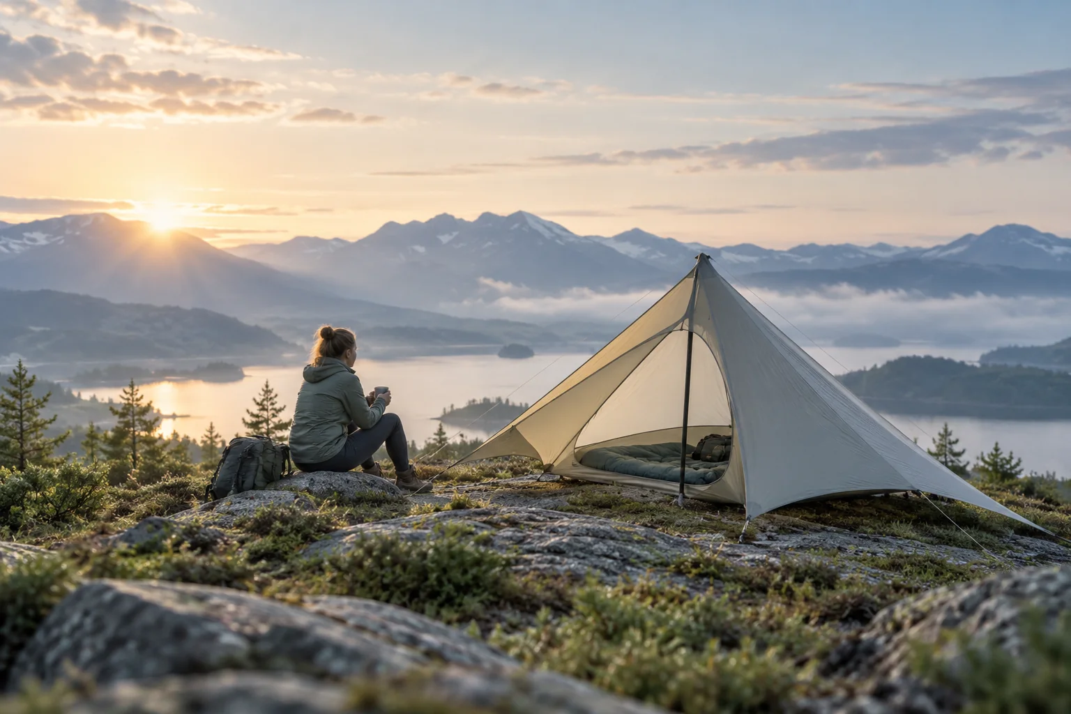 Concept visual of a solo traveller beside a compact shelter at dawn, representing a personal-shelter idea.