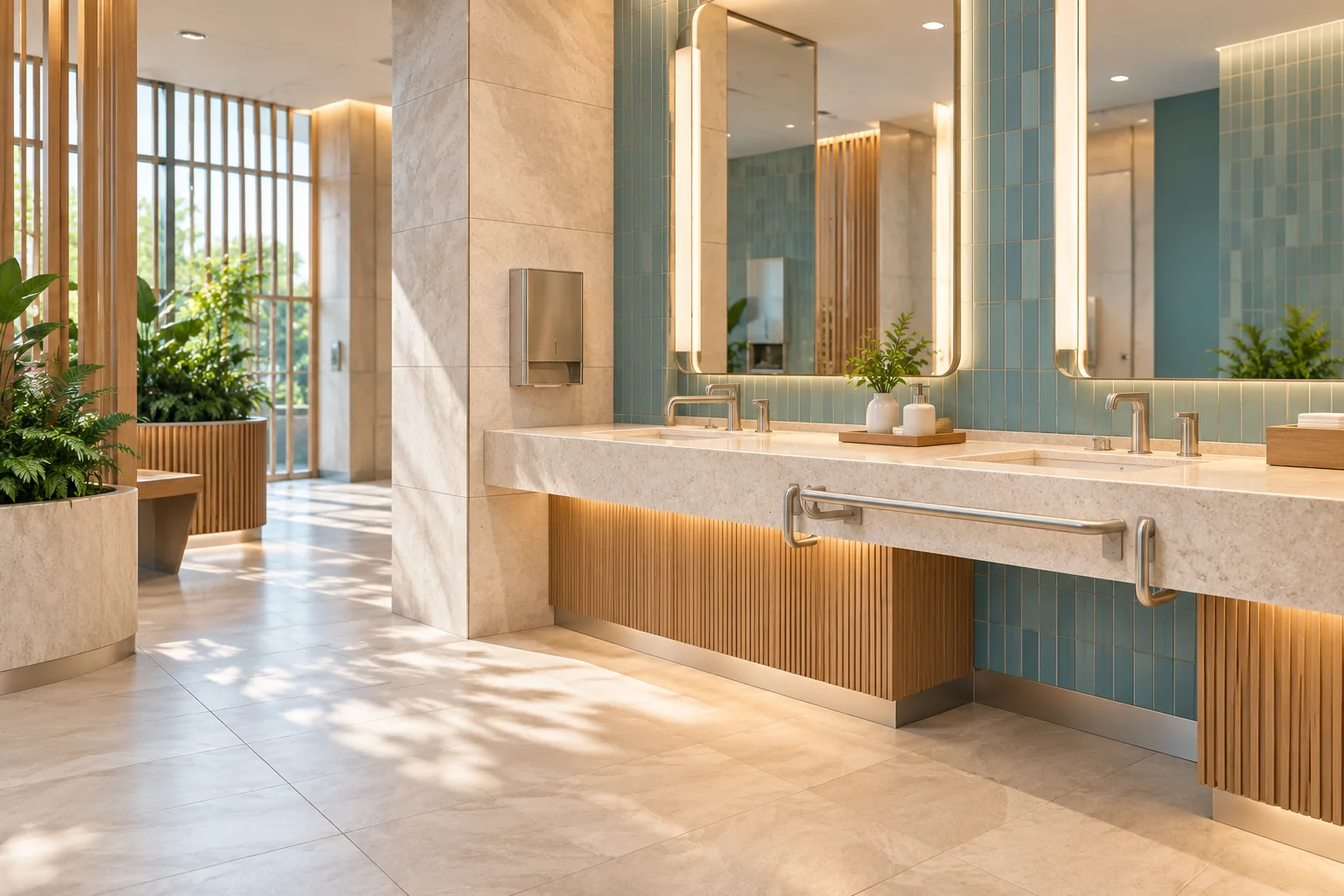 Concept visual of a bright, accessible public washroom with clean modern fixtures, representing dignity and hygiene.