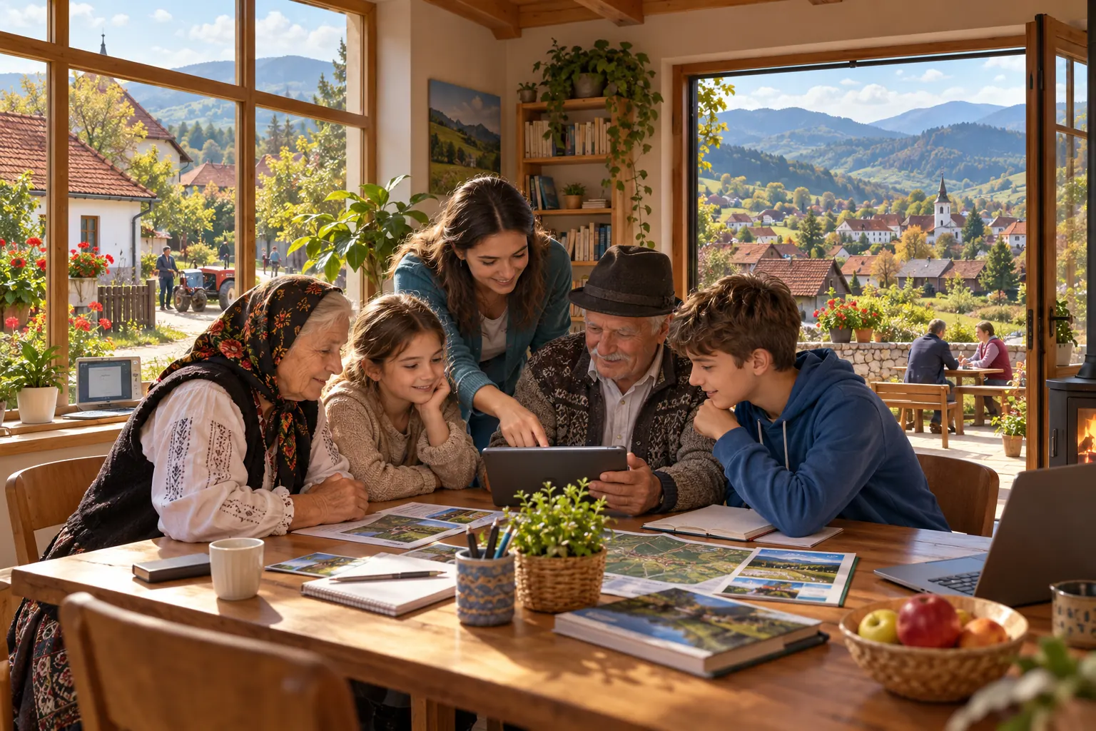 Concept visual of people of different generations learning together in a Romanian village community hub, with surrounding rural homes and hills.