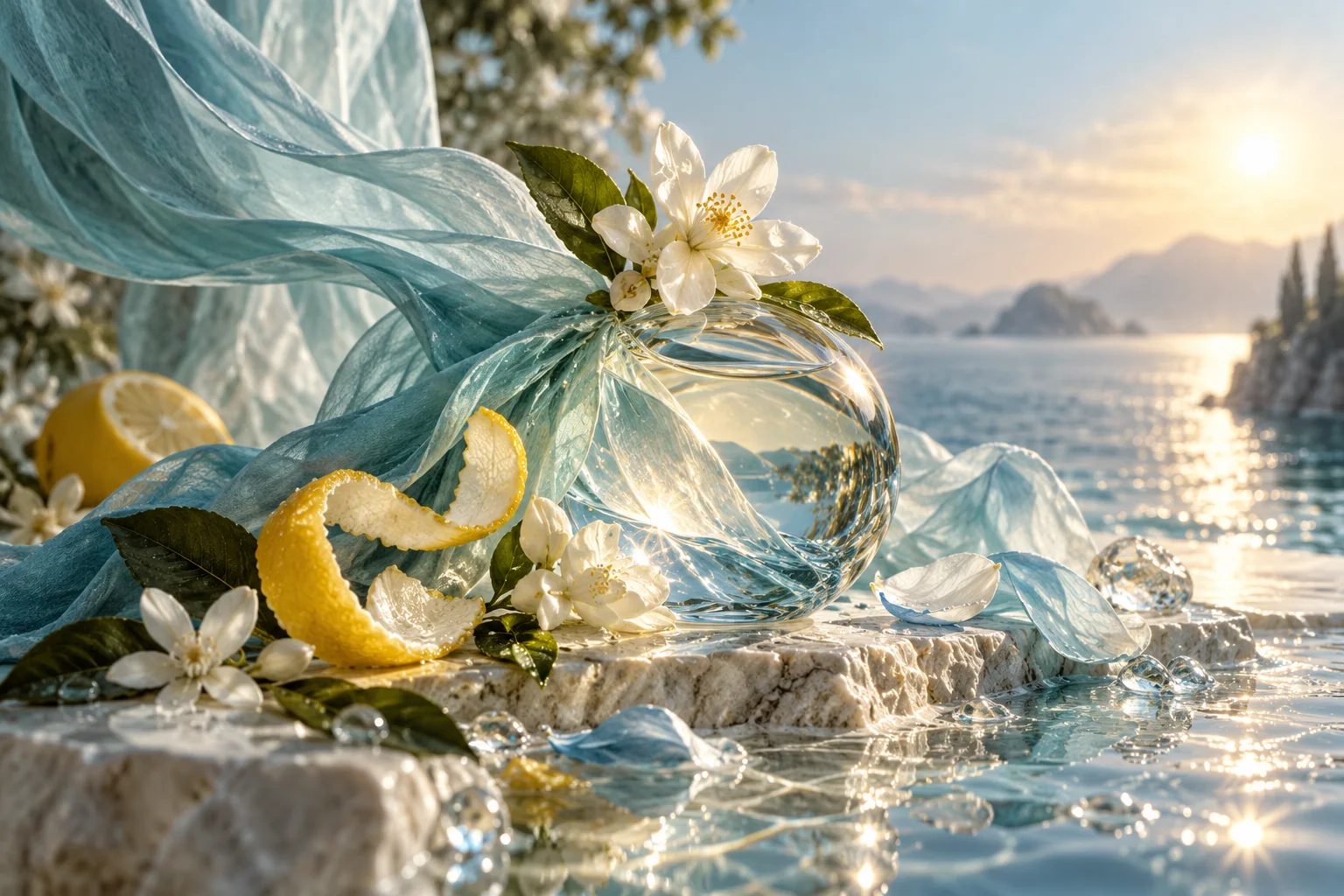 Concept visual of luminous glass, citrus and botanicals evoking a refined fragrance atmosphere without depicting a final product.