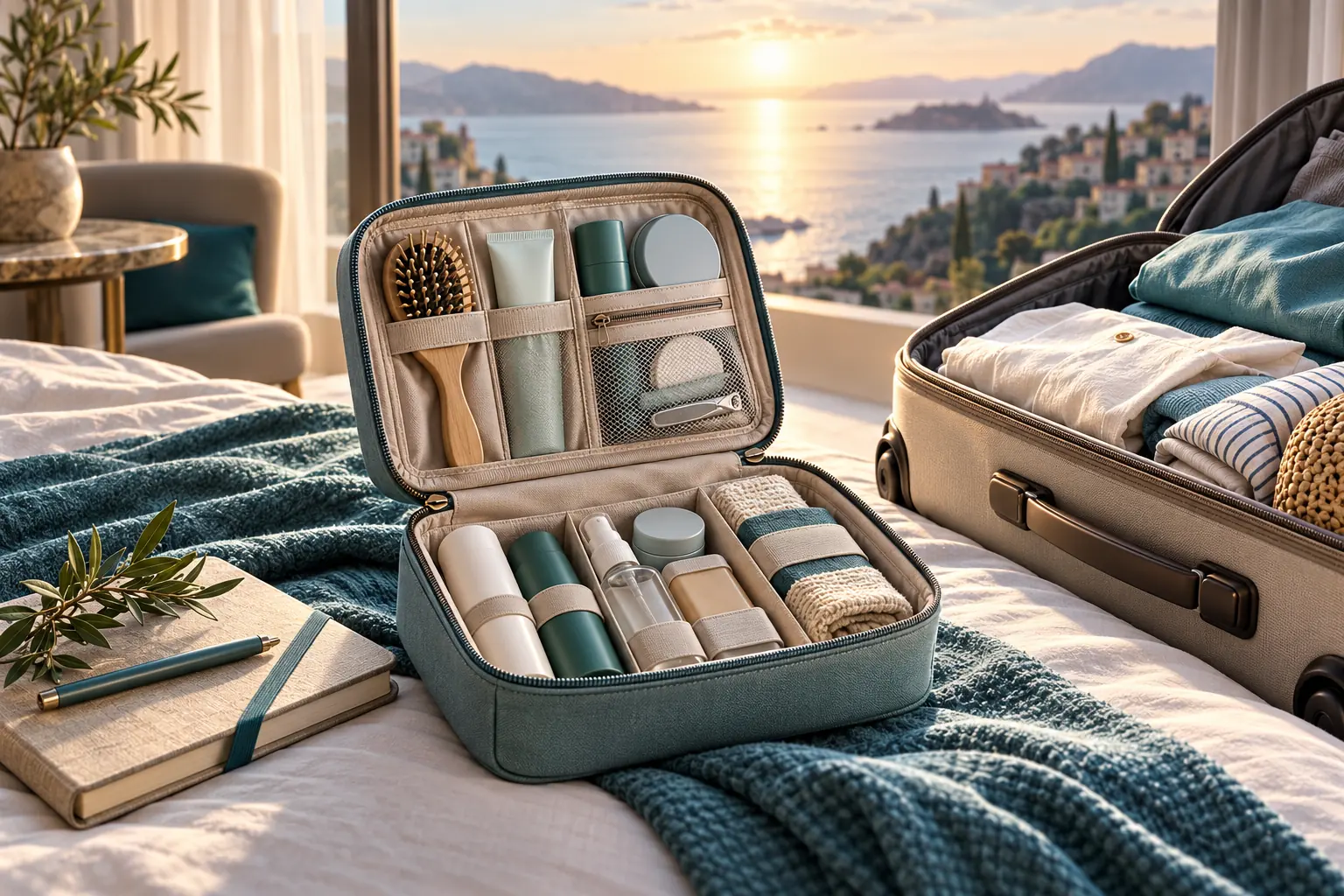 Concept visual of an unbranded compact travel-grooming kit arranged beside an open carry-on in a sunlit room.